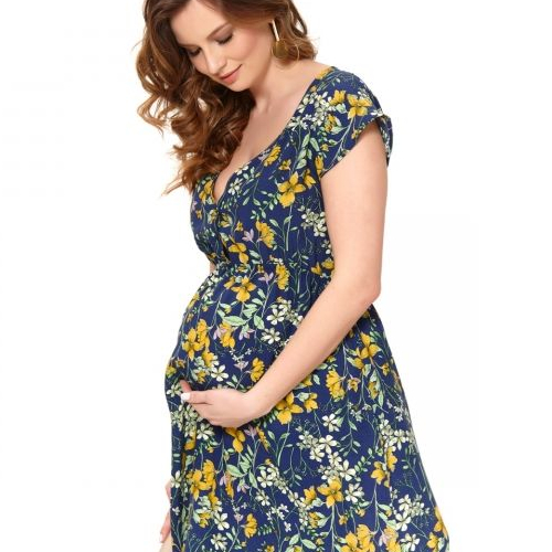 granatowa sukienka ciążowa w kwiaty 